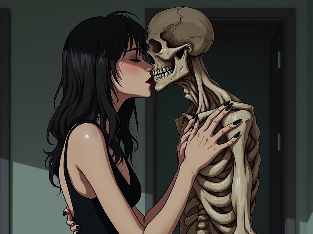 This striking illustration depicts a woman with long black hair in an embrace with a skeleton. The scene is intimate, highlighting a stark contrast between life and death. The woman is depicted in a black dress and has a serene expression, while the skeleton is detailed with realistic shading. The background is muted, emphasizing the two figures.