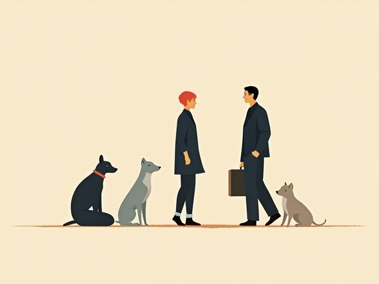 Minimalist illustration featuring two humans with dogs. One human appears to be a businessman holding a briefcase. The setting is simple with light colors. Dogs sit next to the humans.