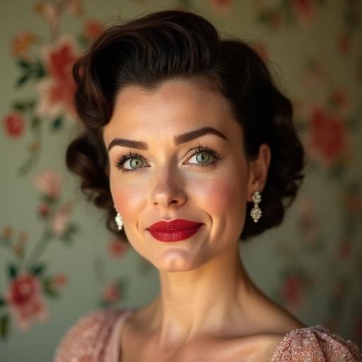 Charming attractive 45 year old woman with slight smile wearing classic 1950's hairstyle. Features include face wrinkles, diamond earrings, big red lips, and stunning green eyes. Background has floral wallpaper. Chubby with tiny nose. Image shows a side view