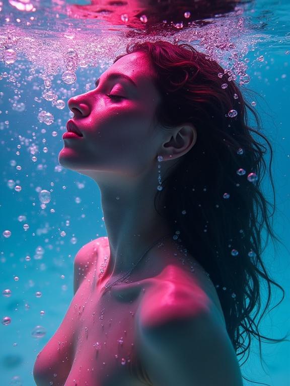 Photo of a woman's profile underwater. She is surrounded by bubbles and light. Skin and hair blend with water. Colors are vibrant pink and blue. The image captures an ethereal and artistic moment.