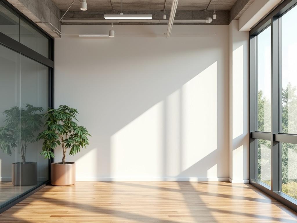 This is a modern empty office interior. The design features sleek lines and a minimalist aesthetic. Natural light fills the space through large glass windows. A potted plant adds a touch of greenery to the otherwise neutral color palette. The wood flooring complements the contemporary style, creating a warm atmosphere. There are no people present, emphasizing the spaciousness of the office.