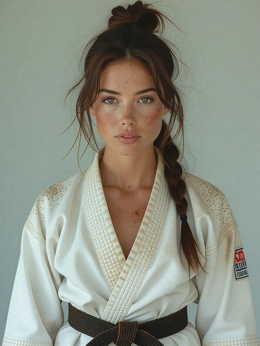 Athletic woman wearing a karate gi with a striking expression and a natural appearance.