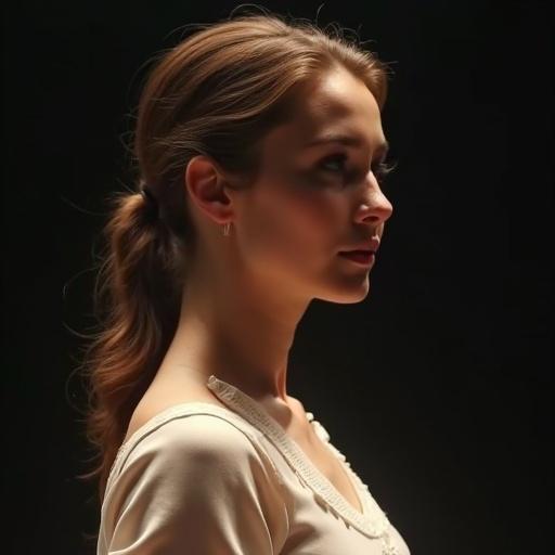A female dancer with chestnut brown hair in a ponytail wearing a pearl white blouse. The stage is dimly lit, with a dark background highlighting her profile. She prepares for a significant performance, reflecting on her past struggles and gratitude towards supportive figures in her life.