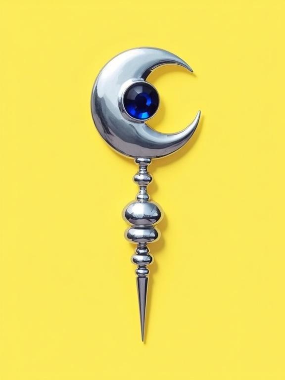 Pop art illustration. Silver brooch shaped like a crescent moon. Points of the crescent point upward. Large eye within the moon. Thick upper eyelid and thin lower contour. Smooth sapphire blue iris with black pupil. Pierced from the eye's lower center and connected by a long spire. Spire has nested telescopic segments ending in a sharp point. Made of shiny polished silver. Isolated on yellow background.