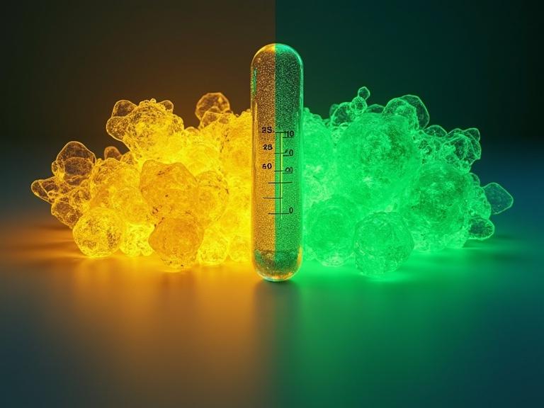 Illustration shows two different states of matter. One side is disordered with diffuse yellow. The other side features sharp green growing crystals. A thermometer illustrates conversion occurring at 80 °C. Fluorescence represents switchable emission. The background is split with cloudy texture for amorphous and sharp geometric for crystalline. Clean layout suitable for a chemistry journal.