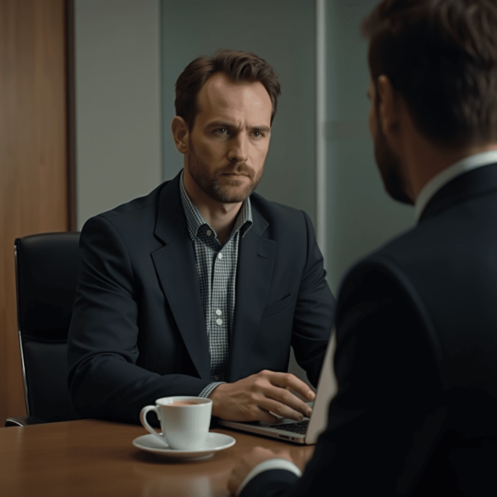 Two men in suits engage in a serious discussion at an office table.