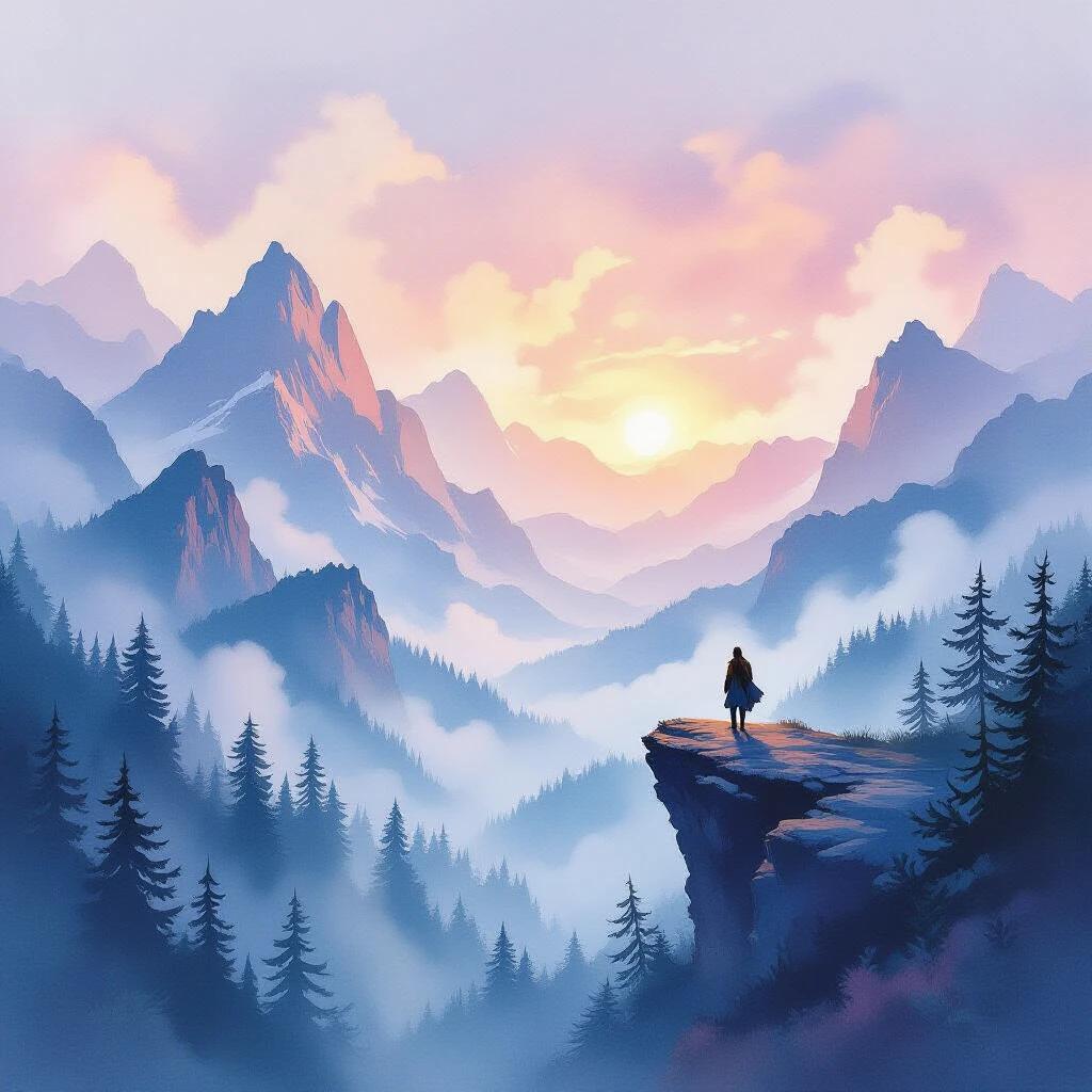 An epic fantasy landscape painted in watercolor style. Towering mountains rise against a vast sky. Soft pastel hues blend into the scene. A lone traveler stands on a cliff. Mist rolls through a lush forest below. Flowing brushstrokes create a dreamy atmosphere. Fluid textures enhance the feeling of light and motion. Traditional watercolor painting aesthetic comes through.
