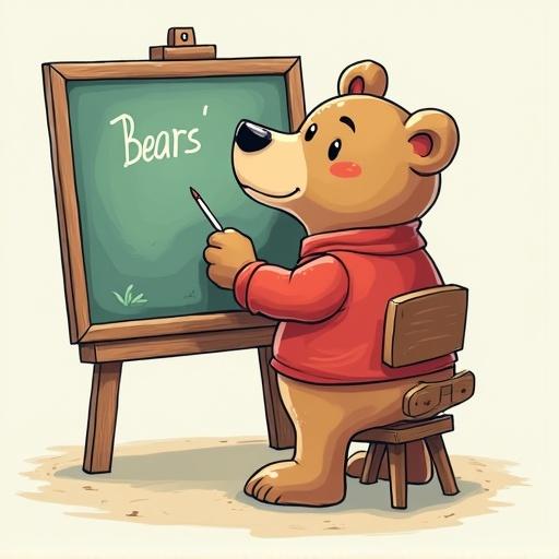 Bear acting as a professor and teaching. The bear is near a chalkboard. Simple 2D doodle style