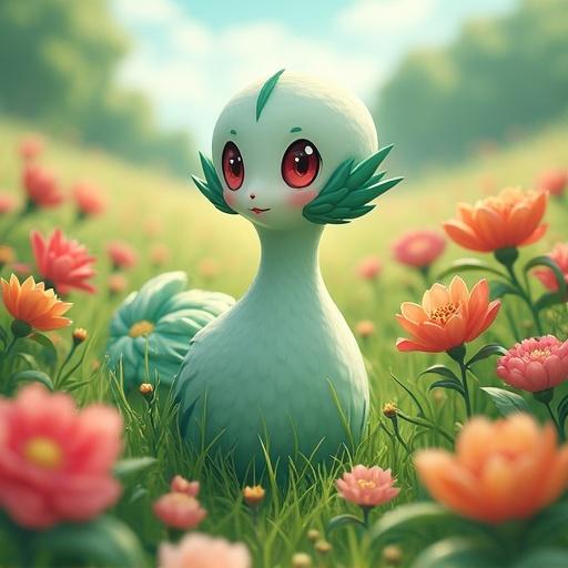 Gardevoir character in a vibrant garden surrounded by colorful flowers. Blush on cheeks adds to the charm.