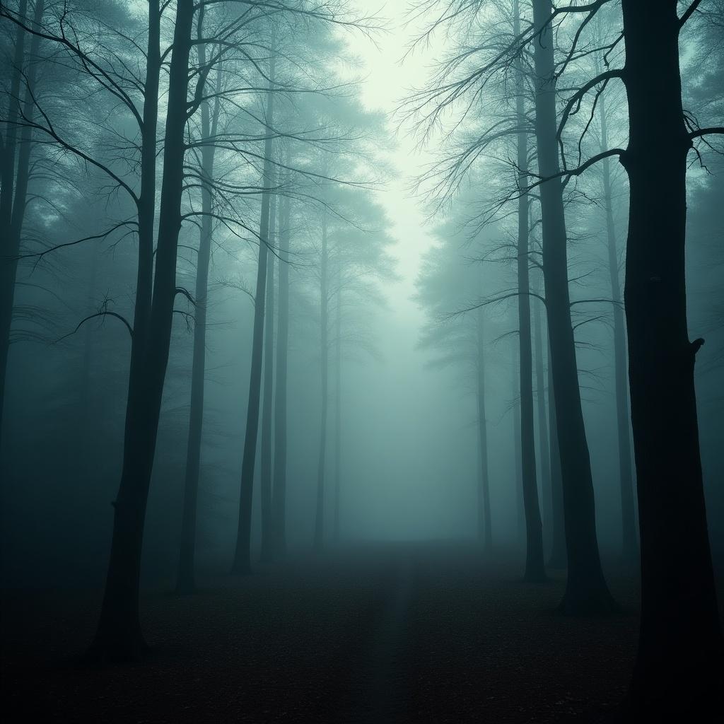 The image depicts a foggy forest with tall, dark trees. A narrow path leads through the fog, creating an atmosphere of mystery. The light is soft and diffused, enhancing the ethereal feel of the scene. The colors are muted, predominantly gray and dark green. This tranquil yet eerie environment invites viewers to explore deeper into the woods.