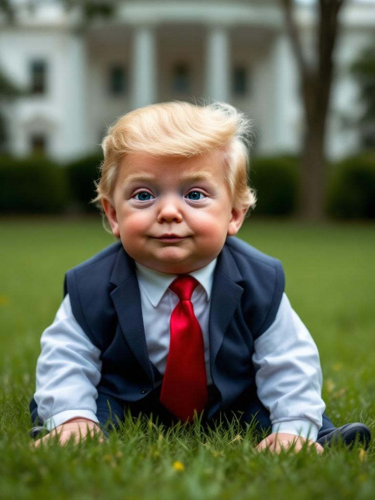 Photographic image of a baby crawling in grass. The baby has light blonde hair and blue eyes. The setting is outdoors with a lawn appearance.