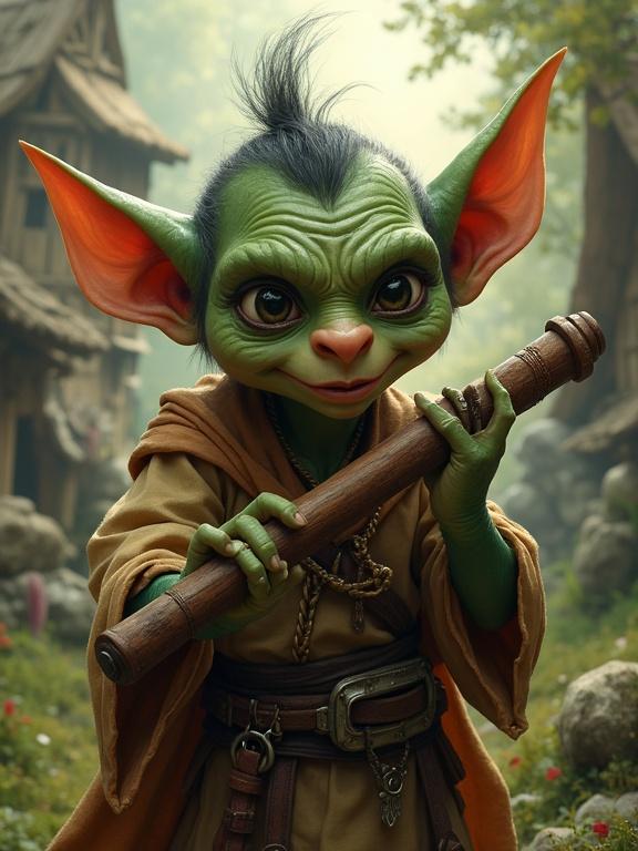 Goblin bard with wooden flute dancing in a vibrant fantasy village. No shadows or skin texture. Arcane cinematic style, inspired by D&D. Bright colors and outlines emphasize facial features.