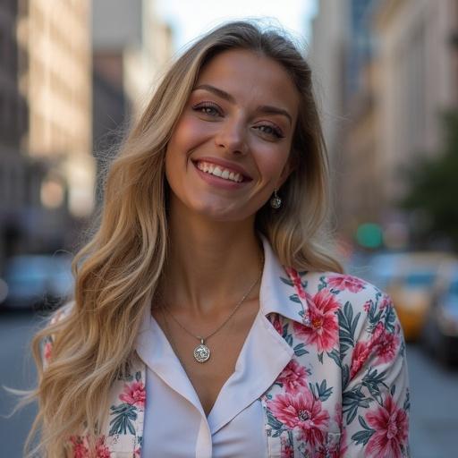 Woman with a smile wearing a floral shirt. City setting in the background. Natural lighting enhances the atmosphere.