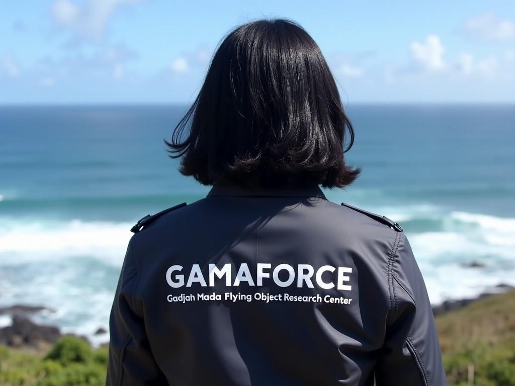 A person wearing a GAMAFORCE jacket standing by the ocean