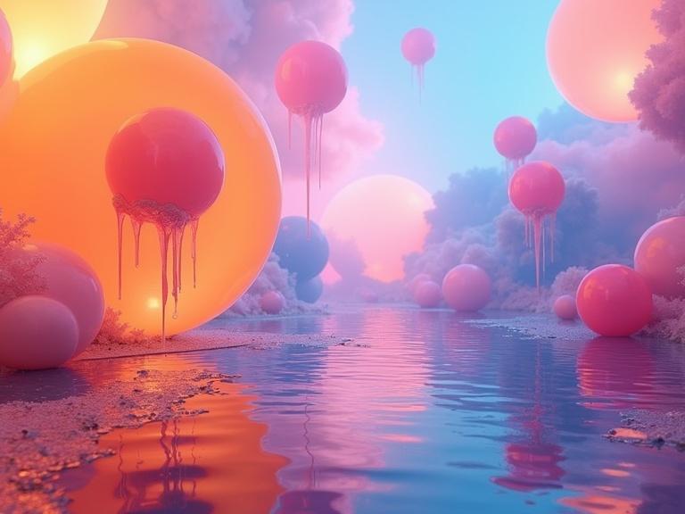 Large iridescent spheres in vibrant colors suspended in air. Dripping and flowing, creating a surreal landscape. Mirrored reflection on calm water. Soft yet intense lighting. Strong perspective and depth. Dreamlike quality and digital aesthetic.