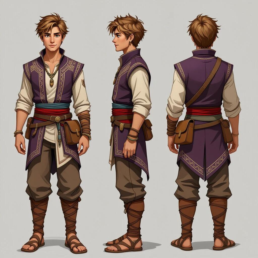 Full-body concept art of Thuli a young man with light brown skin short tousled light brown hair and sharp brown eyes dressed in elaborate natural-fabric clothing featuring a dark purple tunic and fitted beige undershirt he has a leather belt adorned with pouches and accessories cultivating a confident calm expression his tapered pants are tucked into sandals he has a travel satchel and wooden bracelet showcasing growth he stands in a riverside village with mountains huts and waterfalls depicting a grounded aesthetic in soft natural light
