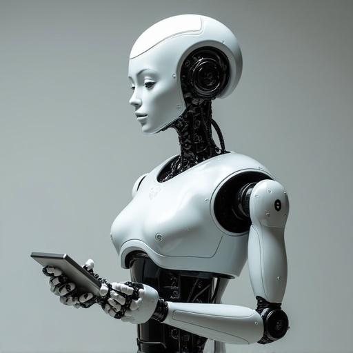 Female humanoid robot processing commands. Sleek design with visible mechanical components. Elegant features in a futuristic setting.