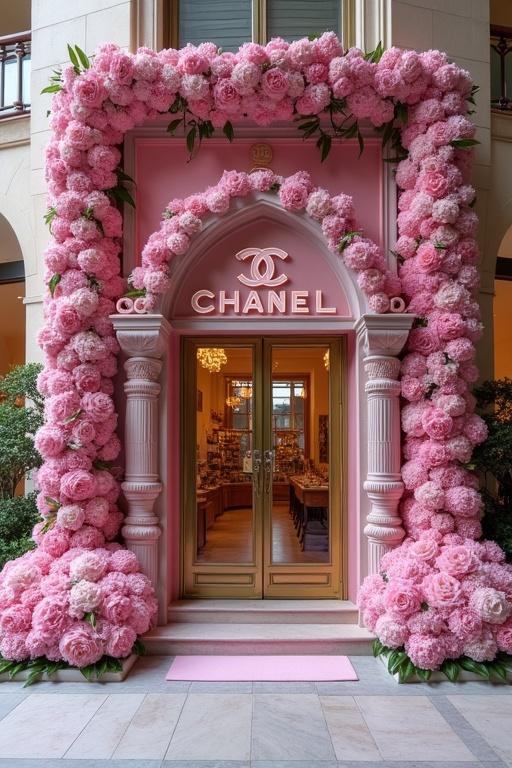 A luxurious flower shop entrance decorated with pink flowers. The store features a prominent Chanel logo. The setting is in Dubai. The design is elegant and inviting.