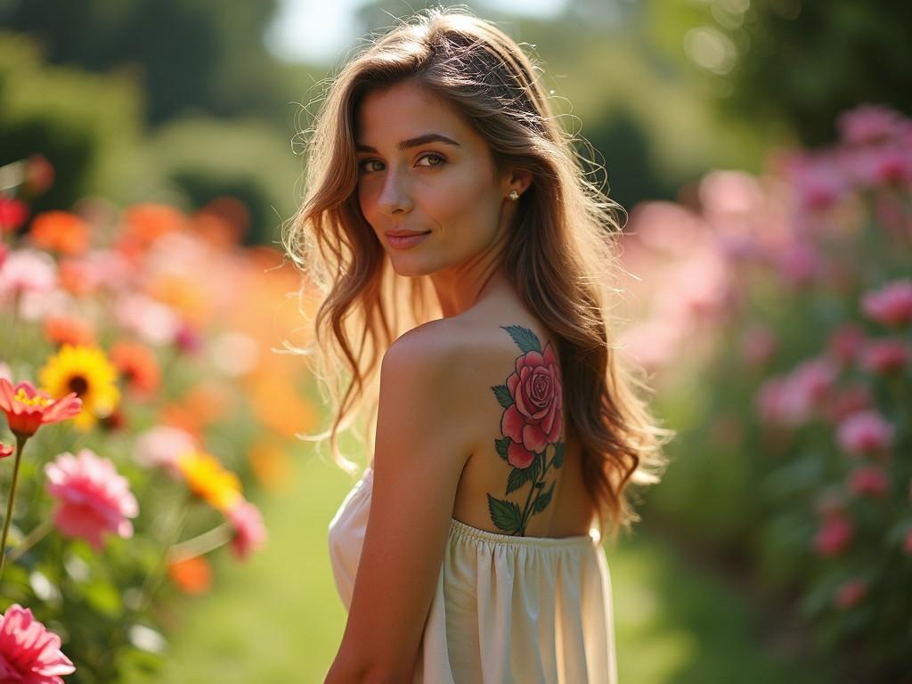 A woman standing in a sunlit garden, with a shoulder tattoo of a rose. The scene is filled with colorful flowers and soft lighting creating a serene atmosphere.