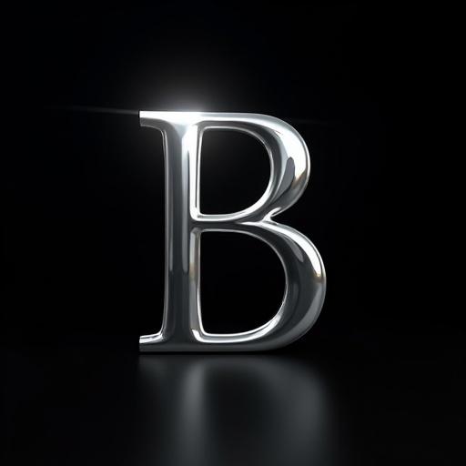 An iconic letter B made of chrome plating stands out prominently. The background is black providing contrast. Spotlights illuminate the letter giving it a shiny reflective quality.