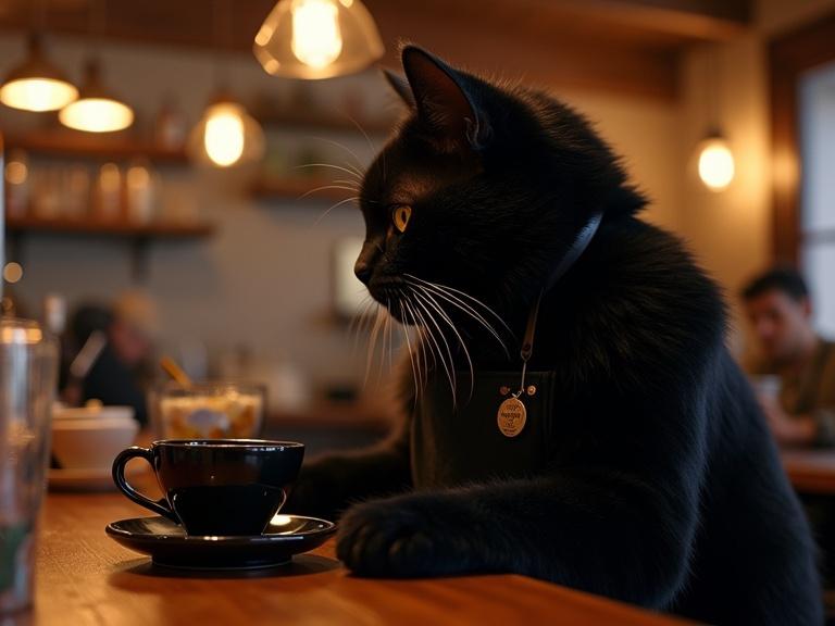 Realistic rendering of a young humanoid black kitten wearing an apron preparing coffee behind a bar counter. Intimate atmosphere