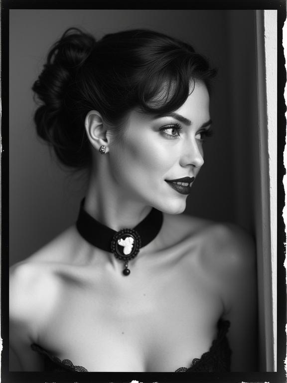 Black and white photograph of a woman with dark hair in a loose updo. Dark lipstick and a black choker necklace with a bird cameo. Woman is topless, right breast partially visible. Camera angle is slightly low. Head turned to the left, looking over her shoulder with a smile. Soft even lighting, no harsh shadows. Medium close-up composition with sharp focus on subject. Background slightly blurred. Torn paper-like edge on photograph. Taken with medium format camera, f/2.8 aperture, 1/125 second shutter speed, ISO 100. High aesthetic quality, careful attention to lighting and composition. Rule of thirds applied, face positioned along upper third line. Cropped to focus on upper body and face. Eye-level vantage height, slightly lower angle. Classic and elegant style, simplicity and elegance emphasized.
