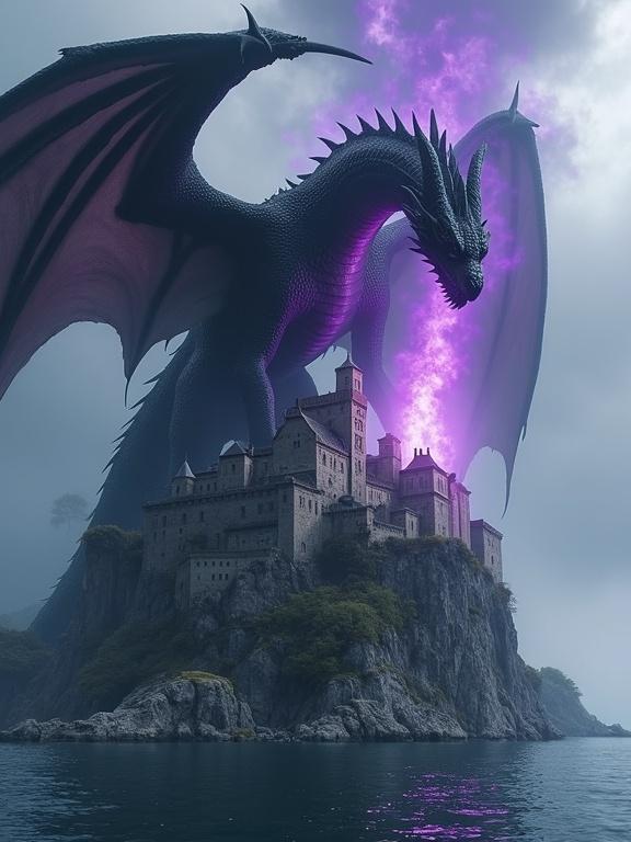 A massive black dragon with glistening obsidian scales towers over a medieval-style castle town. The castle is perched atop an elevated cliff face on a lonely island in the water. The dragon breathes a cone of purple and black fire down into the castle.