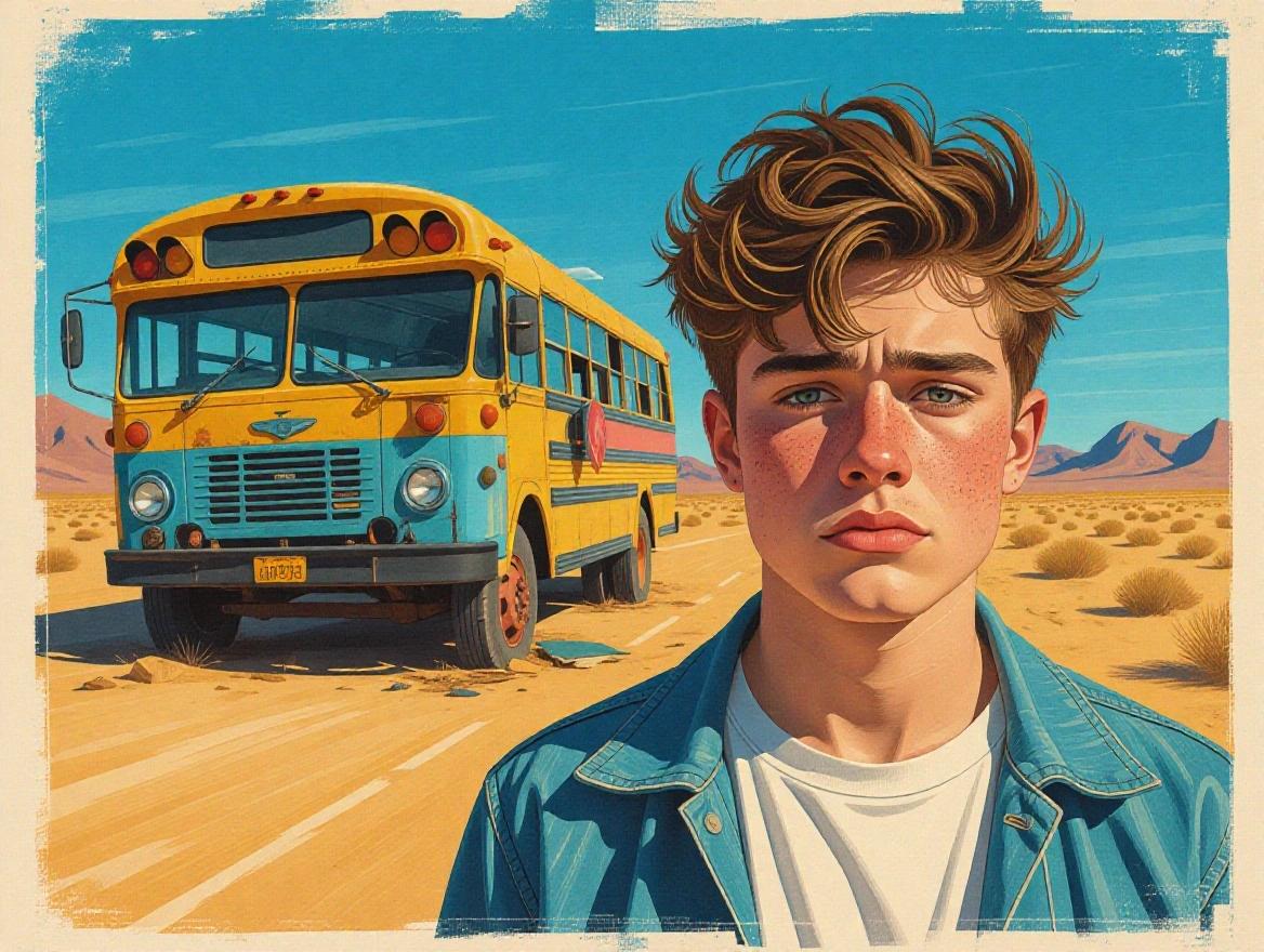 Artistic portrait of a young artist next to a broken-down bus in the desert. Artist appears exhausted and frantic. Bus is in the background, emphasizing a wide-angle view. Neon style.
