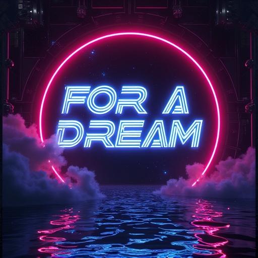 A neon tech Album Cover featuring the text DJ Subtronixx - For A Dream. Bright glowing letters against a dark background. Ethereal clouds and reflective surface.