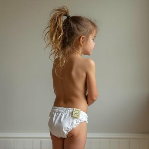 A girl in a diaper stands with her back facing the camera. Soft natural light illuminates the scene. Neutral background highlights the child's playful posture.