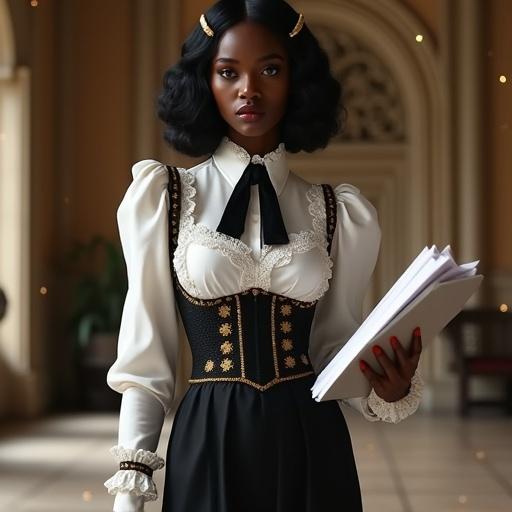 An Afro goddess inspired by Yemọja with deep black skin. She has delicate features and glossy black hair styled in a bob decorated with kanzashi. Wears a fusion outfit of a maid dress and modern secretary style, with a corset bodice and knee-length skirt. Hes confident while holding documents and a tablet. The room blends medieval and modern architecture and soft particles float around her.