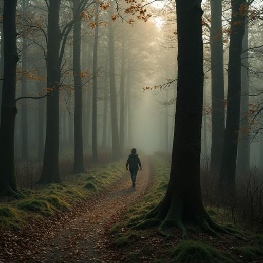 A misty forest with soft light and vibrant trees. A person walks alone on a winding path. The atmosphere is serene and mysterious, with autumn colors visible.