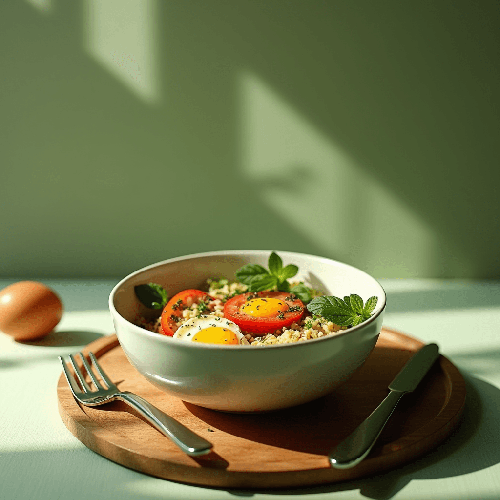 A bowl of couscous topped with fried eggs and garnished with fresh herbs, presented on a wooden tray with a fork and knife beside it, all bathed in soft sunlight.