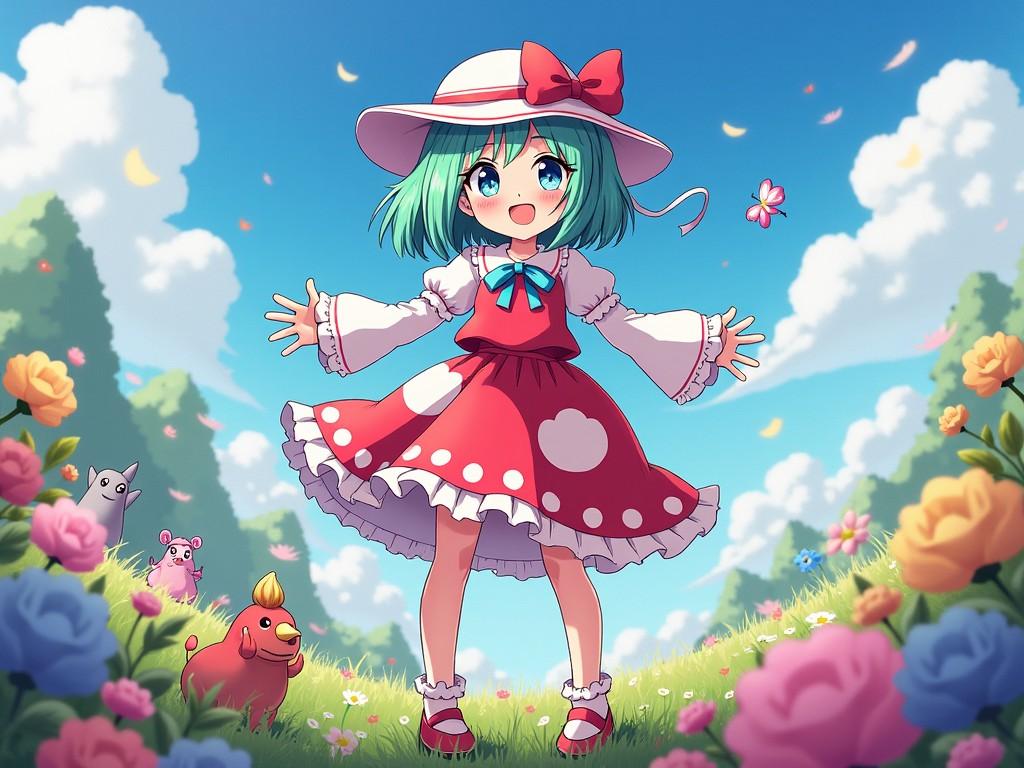 A cute anime-style girl with green hair and a red dress, standing happily in a colorful meadow full of flowers and small fantasy creatures, under a bright blue sky with fluffy clouds.