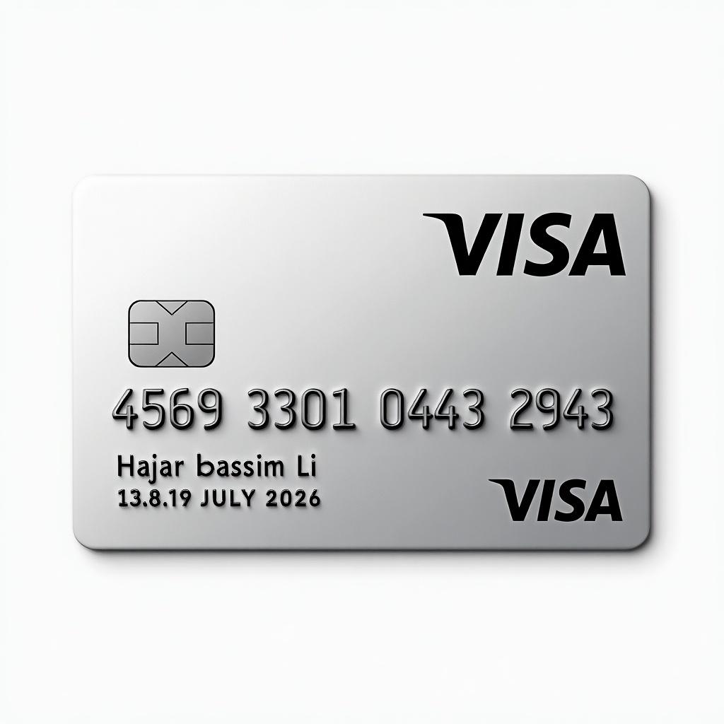 Realistic image of a credit card featuring a distinct design. Display of Visa logo and visible card number. Cardholder's name aligned properly. Expiry date noted at the bottom. Clean appearance with a silver background and bold black font.