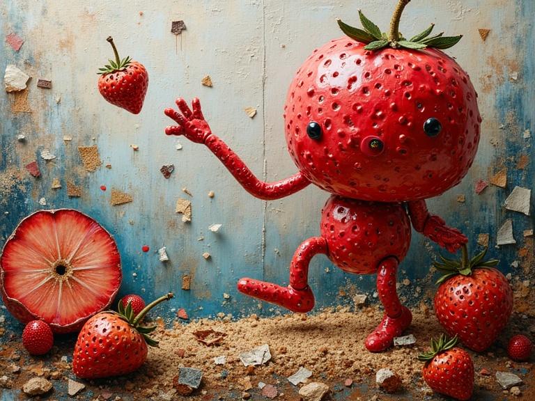 3D representation of a character resembling a strawberry. The figure is anthropomorphic with a round body and limbs made of strawberry texture. Surrounding are various strawberries and elements like sand and confetti giving a playful scene. Mixed media techniques used, including collage elements.