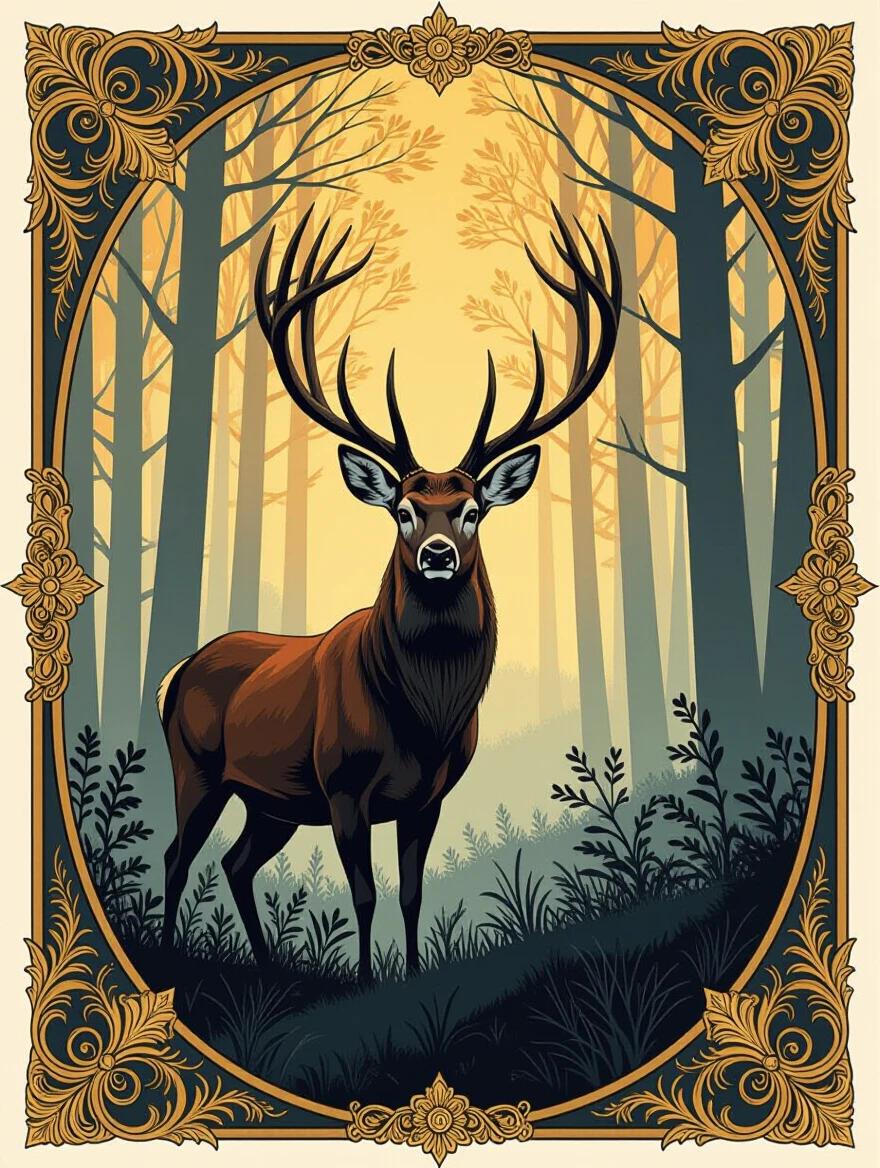 A majestic deer stands in a forest with tall trees in the background. Gold leaf details adorn the intricate frame around the deer. The atmosphere is serene with soft amber light filtering through the trees. The style incorporates elements of fantasy and religious symbolism.