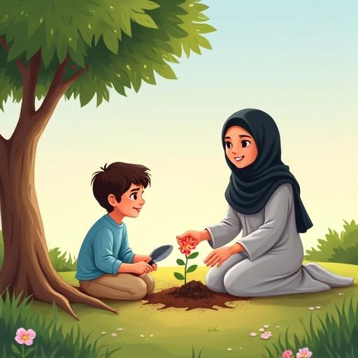 Children's storybook-style illustration in a peaceful home garden. A boy named Zaid with short dark brown hair in a light blue shirt and beige pants plants a red flower with a trowel. His mother in a black hijab and gray abaya smiles next to him. Soft green grass and flowers are in the scene. Blank space available for future Arabic text, characters have no facial features.