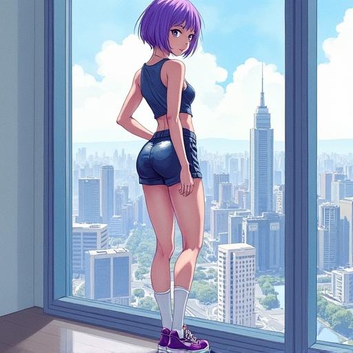 Watercolor painting depicts a young woman with short violet hair and a slim muscular build. She wears a shiny plastic top and sport shorts. High platform sneakers and knee socks complete her look. The woman leans against a large window, showcasing a city view from an elevated perspective. The style resembles that of Yuumei.