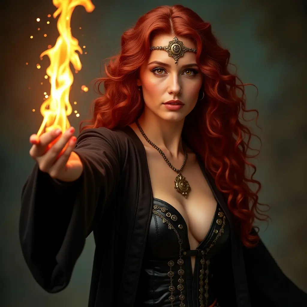 This image features a stunning sorceress with long, curly ruby-red hair, exuding confidence and power. She raises her arm, conjuring a magical flame that dances along her fingers. Her vibrant amber eyes reveal determination, while a golden forehead diadem adorns her head. Dressed in a fitted black leather robe, she embodies a mystique reminiscent of a warrior. The interplay of the flame's light enhances her ethereal presence, setting a captivating scene that blends magic and strength. The overall atmosphere reflects the essence of a powerful spellcaster in a fantastical realm.