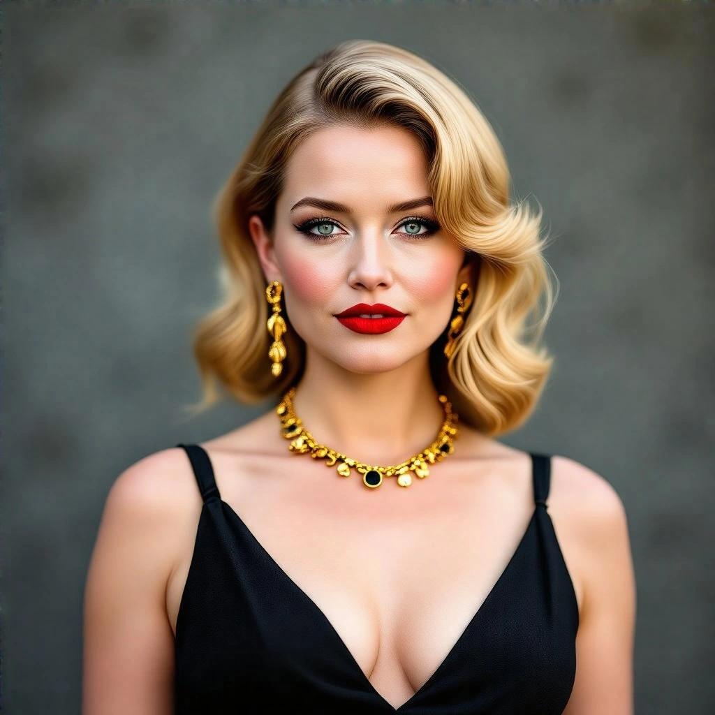 Woman with blonde hair and red lipstick poses in a black dress. She wears gold jewelry. The setting is neutral.