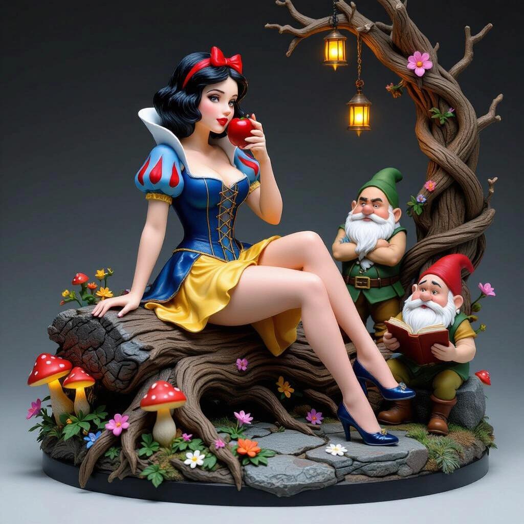 Ultra-detailed resin figure of Snow White sitting on a log. One leg crossed while holding a red apple. Dressed in a tight dress with corset and miniskirt. Black hair with a red ribbon. Surrounded by three dwarves. Base includes glowing mushrooms and hanging lanterns. Highly detailed sculpture style.