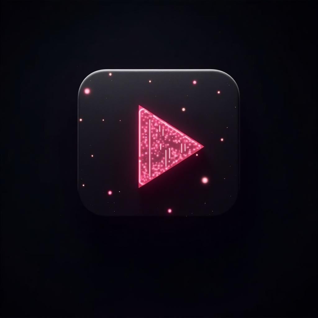 Close-up of a black and pink logo on a dark background. The logo resembles a play button and features a shiny, textured design. It appears modern and vibrant. Ideal for digital media contexts.