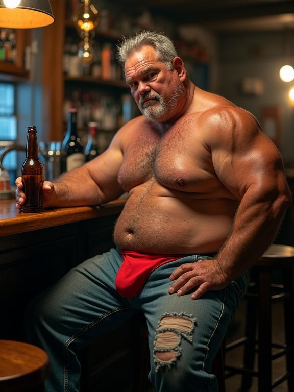 A strongman named Pierre sits at a bar stool in a pub. He holds a beer bottle in one hand. He has a muscular build and looks sternly at the camera. He is wearing ripped jeans and a red brief under them. The bar setting has warm, dim lighting. Shot at knee level to create a cinematic view.