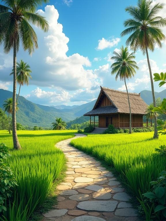 High-resolution image of a peaceful rural retreat. Lush green rice fields surround the area. Tall palm trees are present. A winding stone path leads to a traditional wooden hut. The backdrop includes rolling hills and blue skies with fluffy clouds.