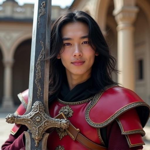 Photorealistic image of an attractive young man with long black hair and vibrant purple eyes wearing red armor. He is gently smiling and holding a massive double-edged sword over his shoulder. The sword has a howling wolf symbol along the blade. The background features an opulent castle courtyard.