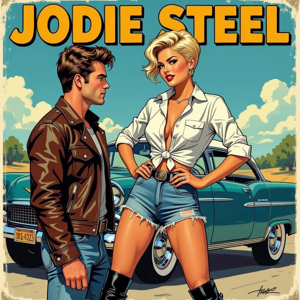 Comic art style image featuring a confident young woman. She stands facing a shorter man in casual clothing. A vintage car is in the background. The woman wears an unbuttoned shirt with rolled sleeves. She sports ripped denim shorts and motorcycle boots. Her hair is styled in a punk fashion.