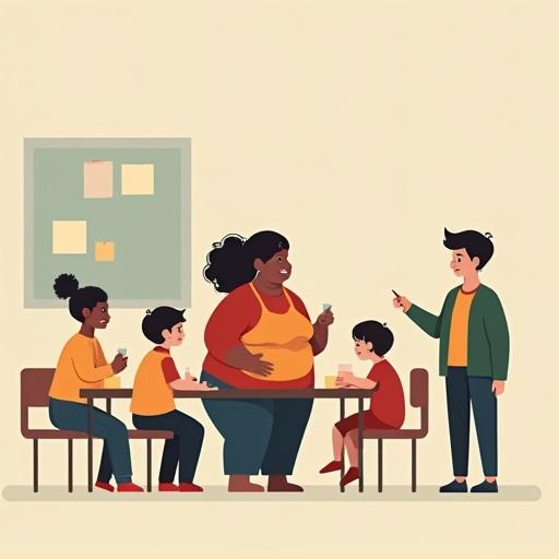 Kids eating in a school cafeteria with a teacher at the blackboard. Diverse characters with exaggerated body types. Round and pear-shaped alongside slim and tall figures. Simplified clothing in muted colors. Clean shapes and playful postures.