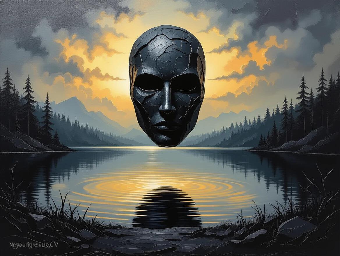A sculptural oil painting depicting a strange form hovering above a dark still lake. The artwork features thick impasto technique in a dark fantasy setting surrounded by mountains and forest.