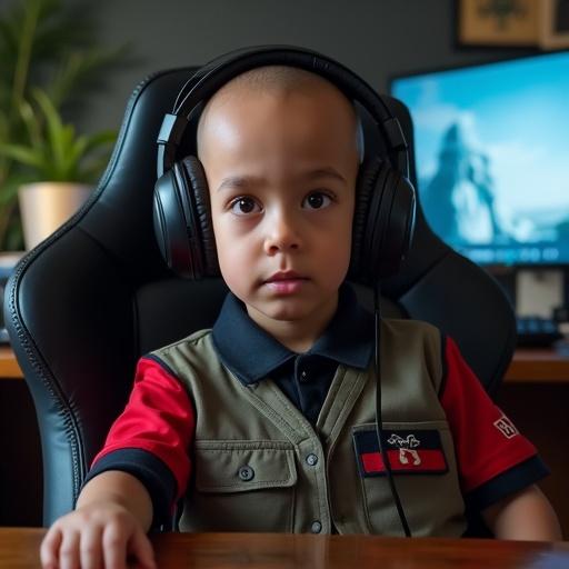 Somali boy wearing headphones and sitting in a gaming chair in a home office. Focus on boy's expression and surroundings. Neutral background with desk items visible.